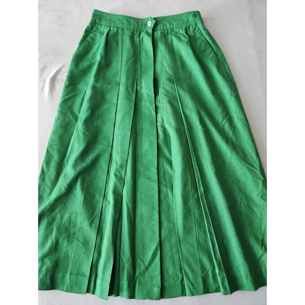 Vtg Liz Claiborne Kelly Green Pleated Hidden Button Silk Midi Skirt 12 - Picture 3 of 16